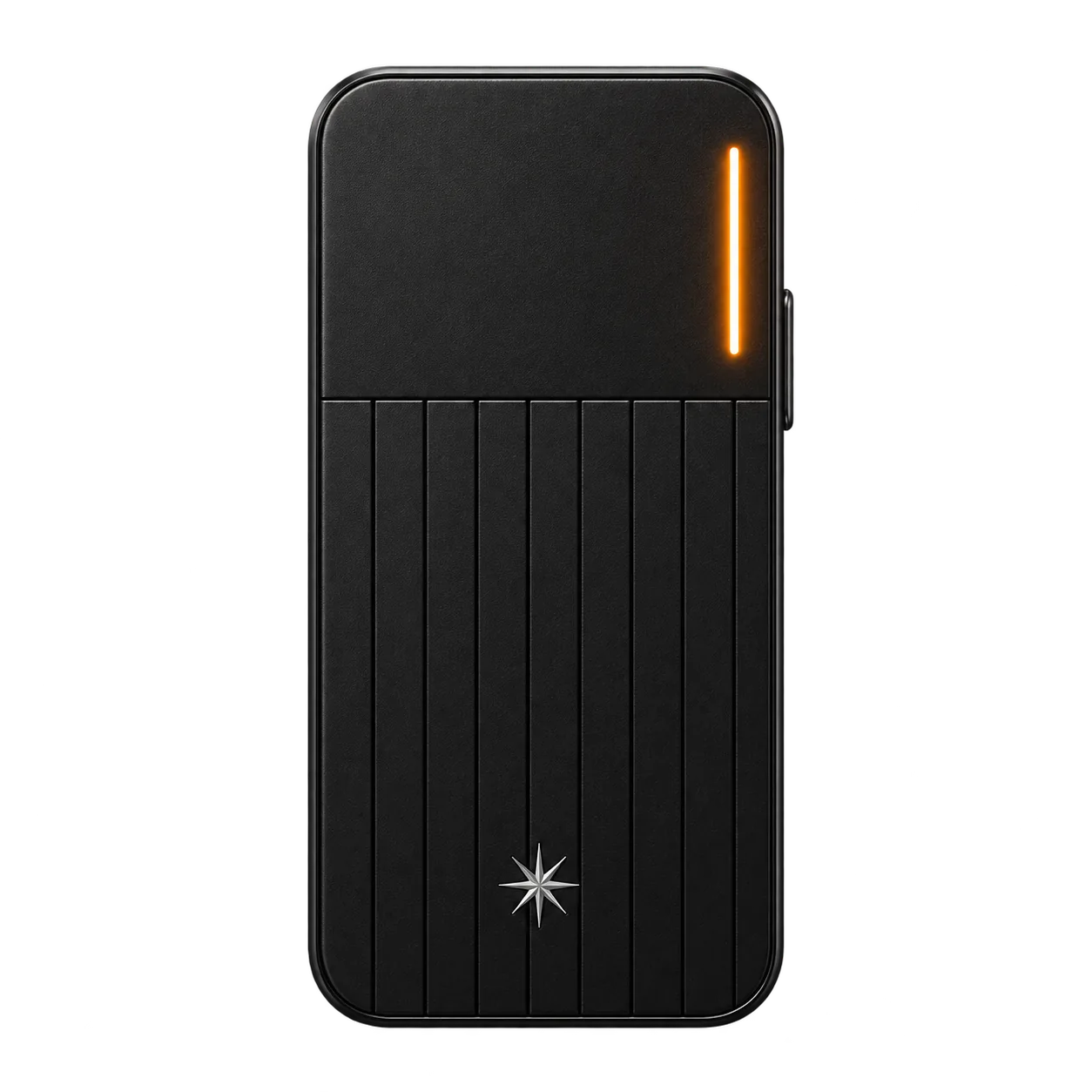 Front view of Pocket Agent: black ribbed body, vertical amber LED, side button and silver emblem.