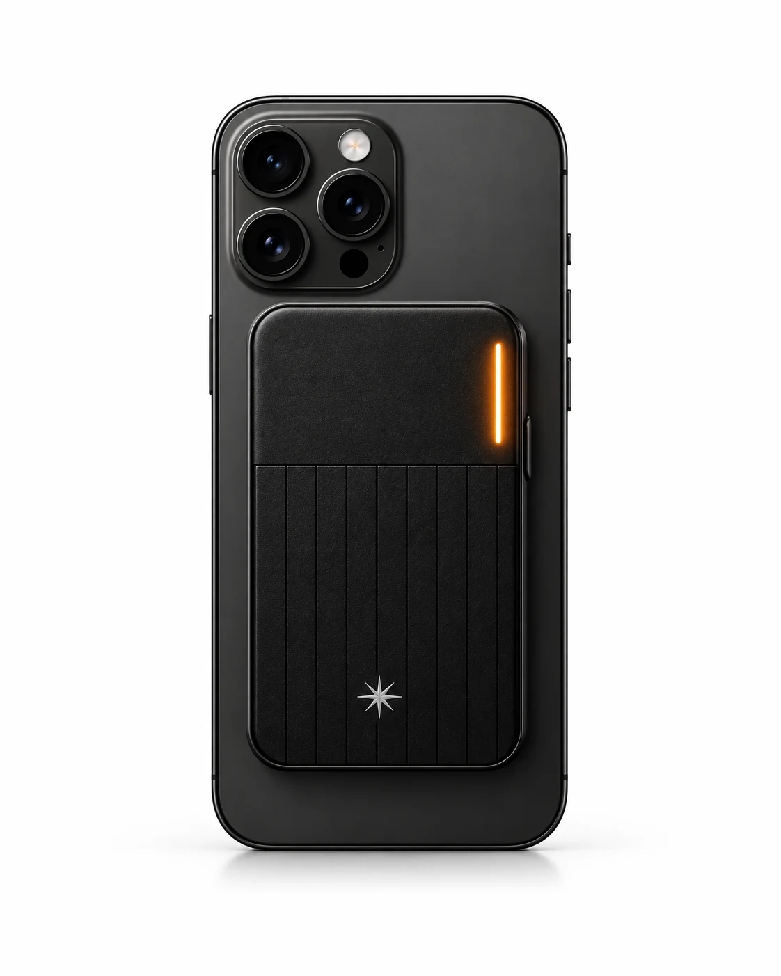 Pocket Agent attached to the back of an iPhone on a white background, with the ribbed black finish, vertical amber light, side button, and silver star emblem.